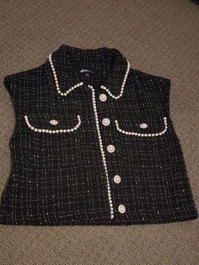 Alice Blue Black Tweed Vest with Pearl & Rhinestone Accents